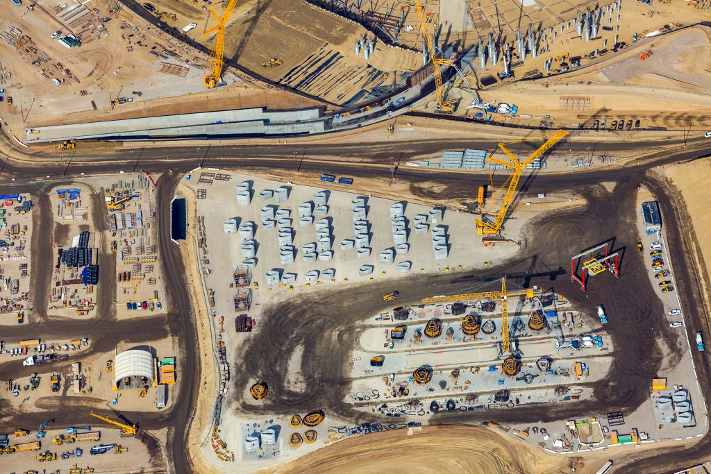 An aerial view of the Inglewood Stadium post-tensioned, precast segments.