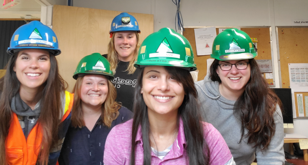 “We are proud to say that our engineering office at the Raglan Mine in Nunavik (Quebec, Canada) is at a 50/50 gender balance. I have personally never seen this in the mining industry. It is incredible. Our director, Frédéric Boucher, did not hesitate to send talented women to the mine and give them important roles.” – Anna Canan, Kiewit lead estimator (front), pictured here with Kamelia Krolikowska, Lucyle Jumets, Jessica Gagnon Cyr and Marie-Elaine Faucher. 