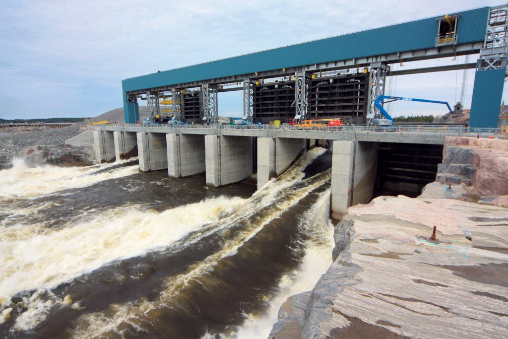 70 cubic meters per second of water per gate flows through the newly constructed Pointe du Bois Spillway.