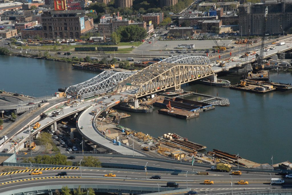 The Willis Avenue Swing Bridge connects Manhattan and the Bronx over the Harlem River and swings open to accommodate marine vessels.