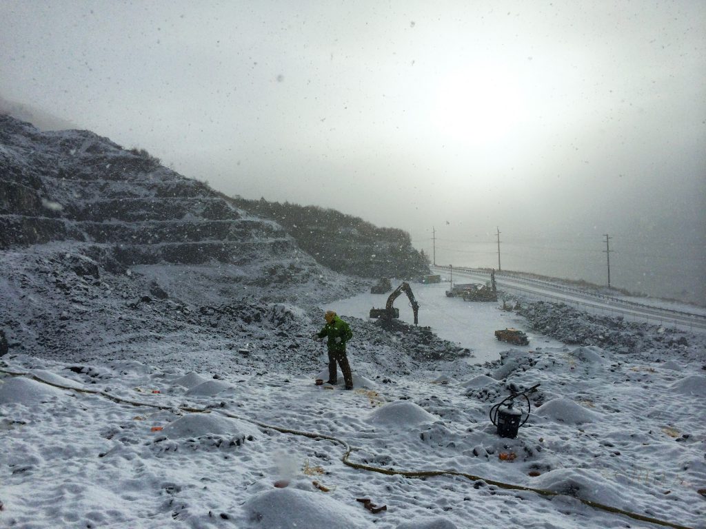 Crews endured Alaska’s winter conditions during drill-and-shoot operations at Kodiak Island’s Green Mountain Quarry. 