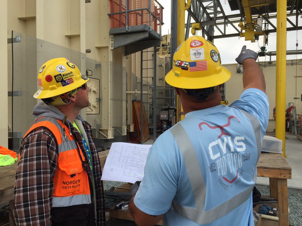 Instrumentation fitters at the Pio Pico Energy Center discuss access plans and how they’re going to prevent dropped objects from occurring during their operation.