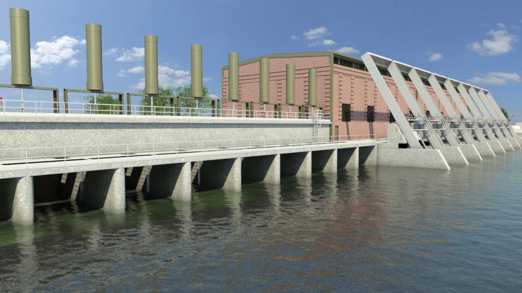 This artist’s rendering of the 17th Street bypass gates and pump station depicts the permanent gated storm surge barriers and brick façade structures replacing the temporary closure structures at each of the three outfall canals.