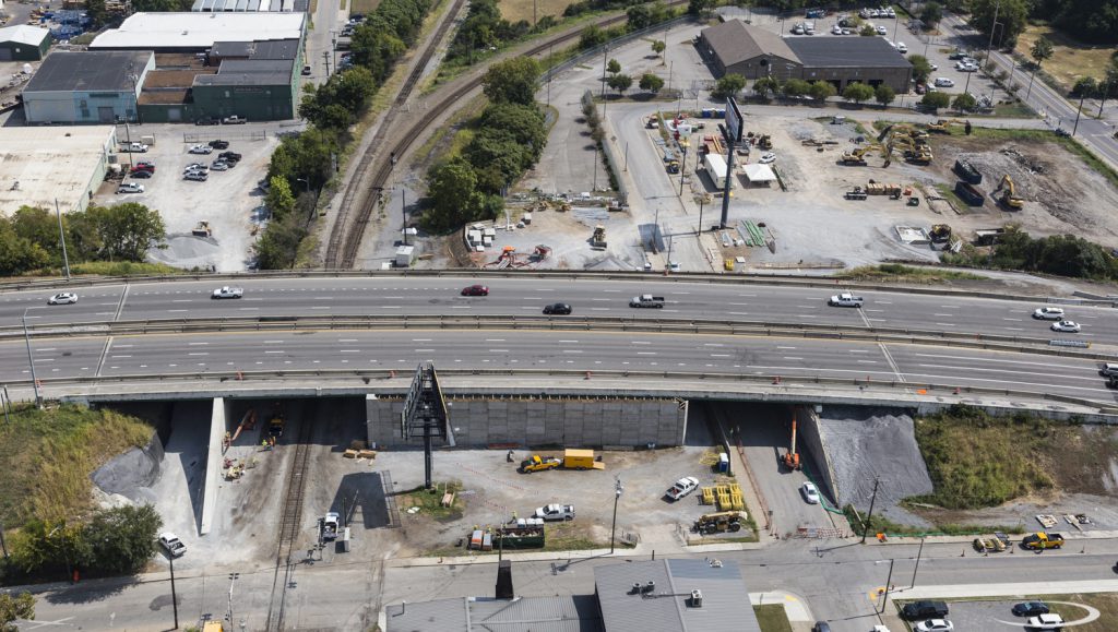 Aerial view of the Clinton Street/CSX location. Innovative construction design turns an existing six-span structure into two simple span bridges.
