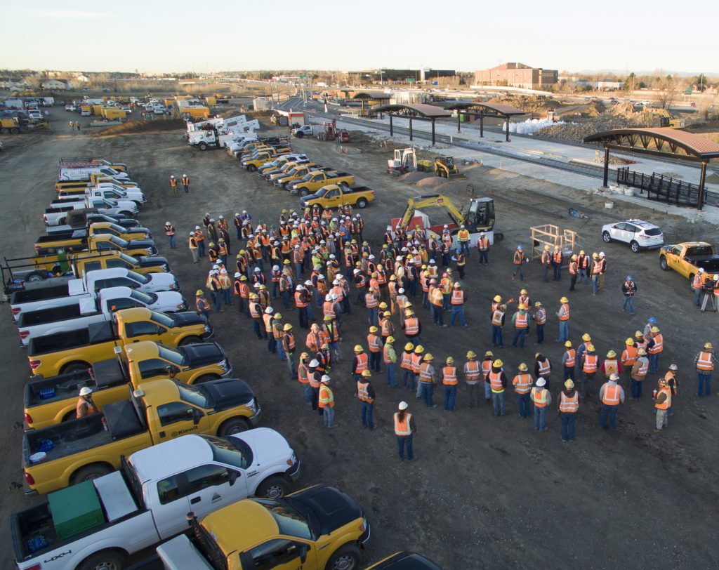 A CVIS-led mass safety meeting is seen from above on the 1-225 Light Rail Corridor project in Colorado.