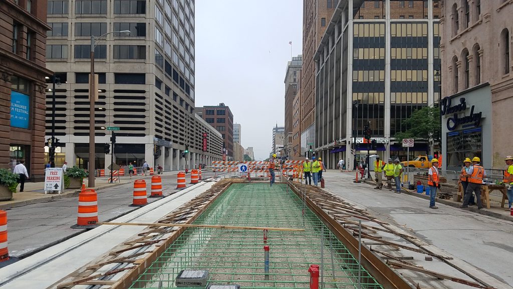 Construction of a station platform is completed in the center of downtown Milwaukee.