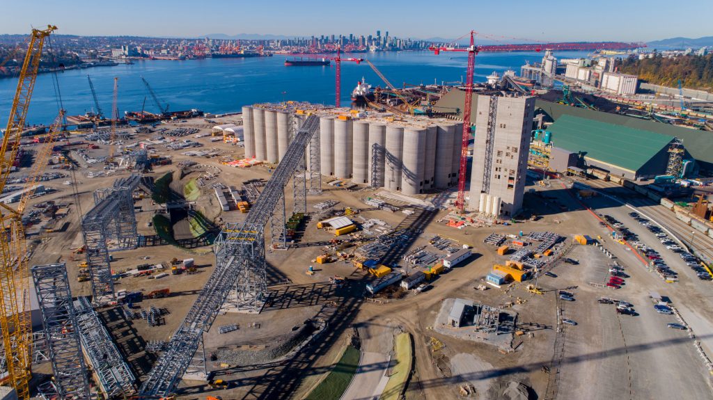 The G3 Terminal Vancouver facility includes 48 concrete storage silos, scale and cleaning structures, high-capacity conveyors and a new dock and ship loaders. The facility will handle wheat, canola and other specialty crops.