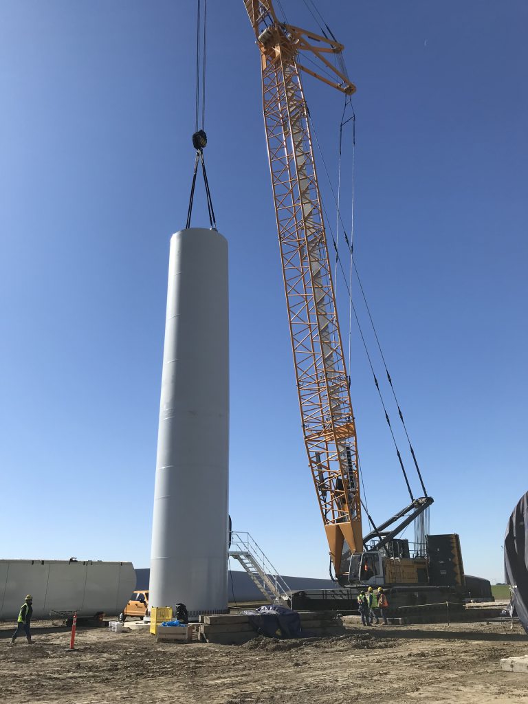 The base section of a wind turbine is set at Timber Road IV. Each wind turbine has five to six tower sections. 