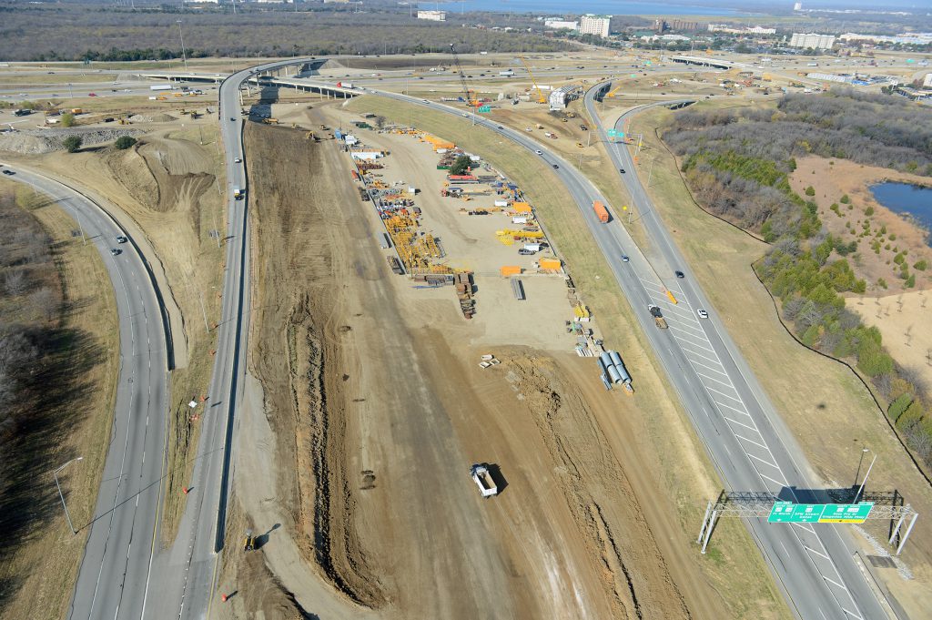 This aerial photo shows the main Connect 4 project interchange — westbound I-635 to State Highway 121.