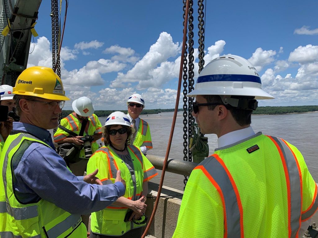 Kiewit's Chris Frieberg explains the repair procedure to Secretary of Transportation Pete Buttigieg and Federal Highway Administration Administrator Stephanie Pollack and TDOT Commissioner Clay Bright.