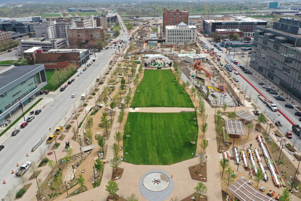 Gene Leahy Mall, reopening summer 2022, features a Sculpture Garden, Arches Playground, Performance Pavilion and more. 