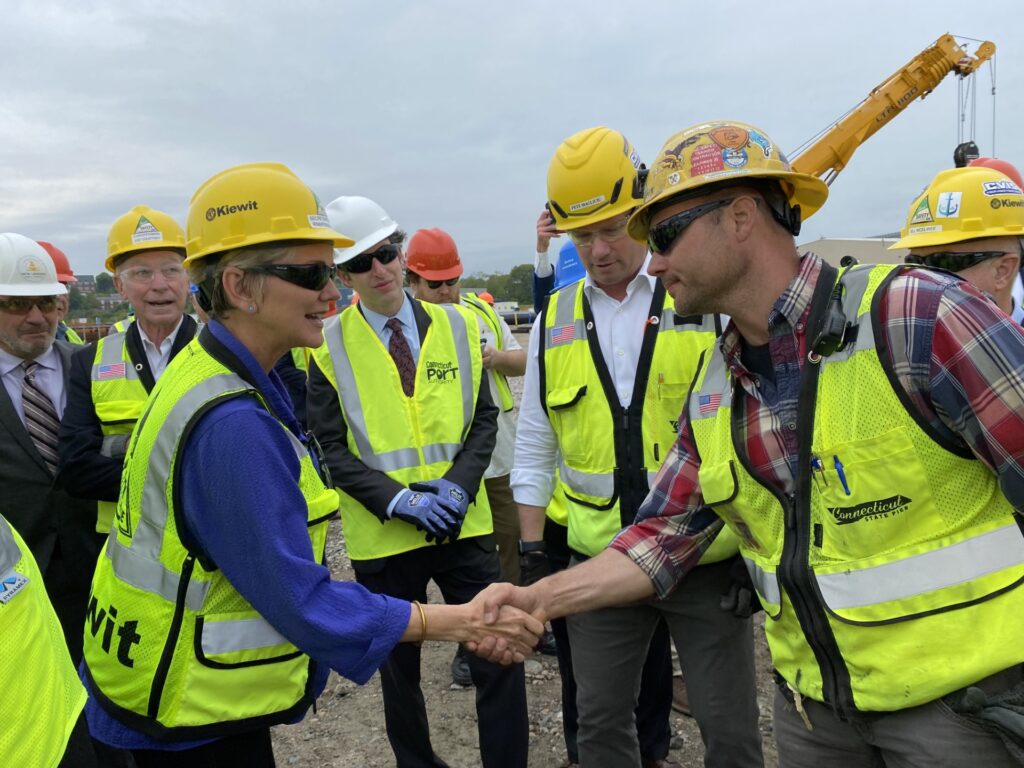 During construction, Department of Energy Secretary Granholm met with Kiewit crews at the State Pier project.