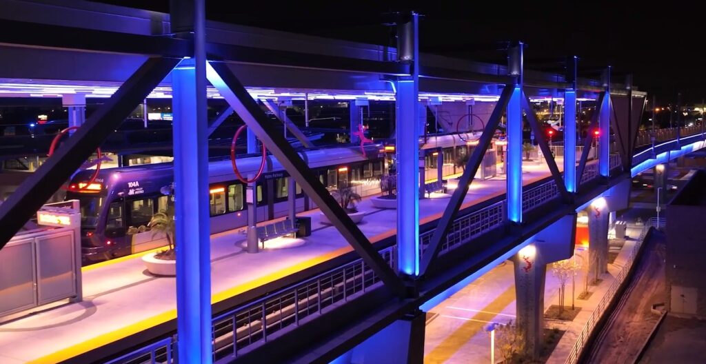 Features including intricate tilework and suspended art are highlighted in the station, including nods to the culture of Phoenix and the former Metrocenter Mall.