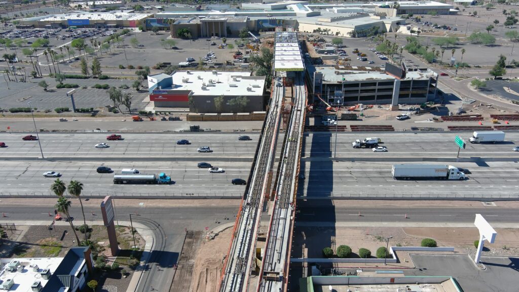 The 1.6-mile Northwest Phoenix light rail extension includes three stations: a four-story, 90,380-square-foot, 258-vehicle parking garage; a large rail-only bridge over Interstate 17; a transit center with bus service; public art and new landscaping.