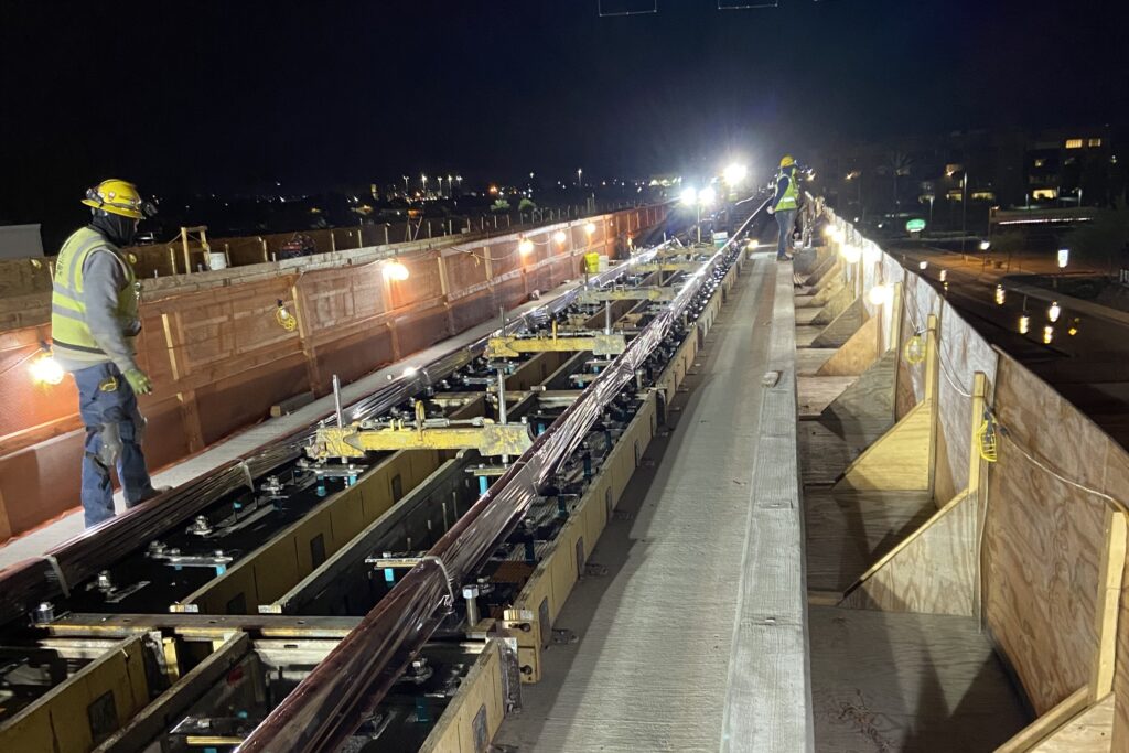 Setting the girders for the bridge and structure over I-17, a major thoroughfare, required close coordination with the Arizona Department of Transportation. Originally, the work was set to be performed in two closures, but the team completed it over one weekend.