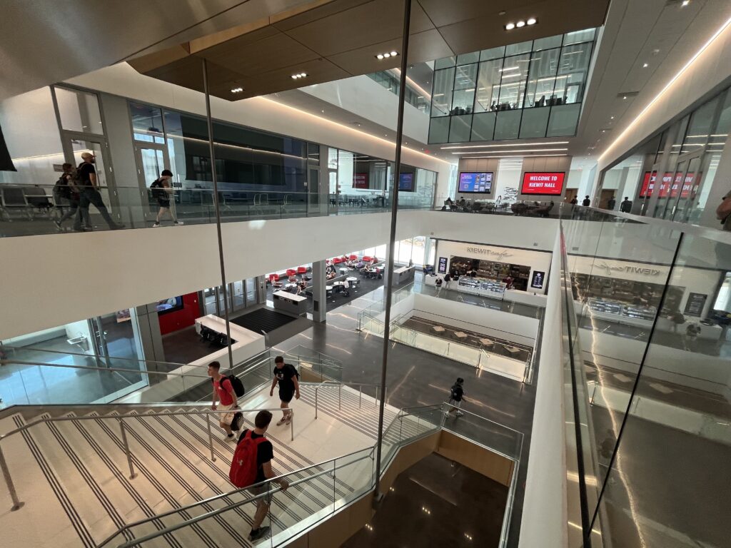 Along with the exterior being glass, there is a tremendous amount of glass within the interior of Kiewit Hall. Additionally, 88% of the building is open space allowing for open collaboration between students and faculty.