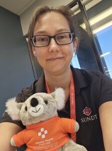 Sundt Project Controls Manager Jessica Beyer is one of the company’s Mental Health First Aid instructors. The MHFA program’s official koala mascot is a nod to its Australian origins. Its name, ALGEE, is an acronym for Assess for risk of suicide orharm; Listen nonjudgmentally; Give reassurance and information; Encourage appropriate professional help; Encourage self-help and other support strategies.