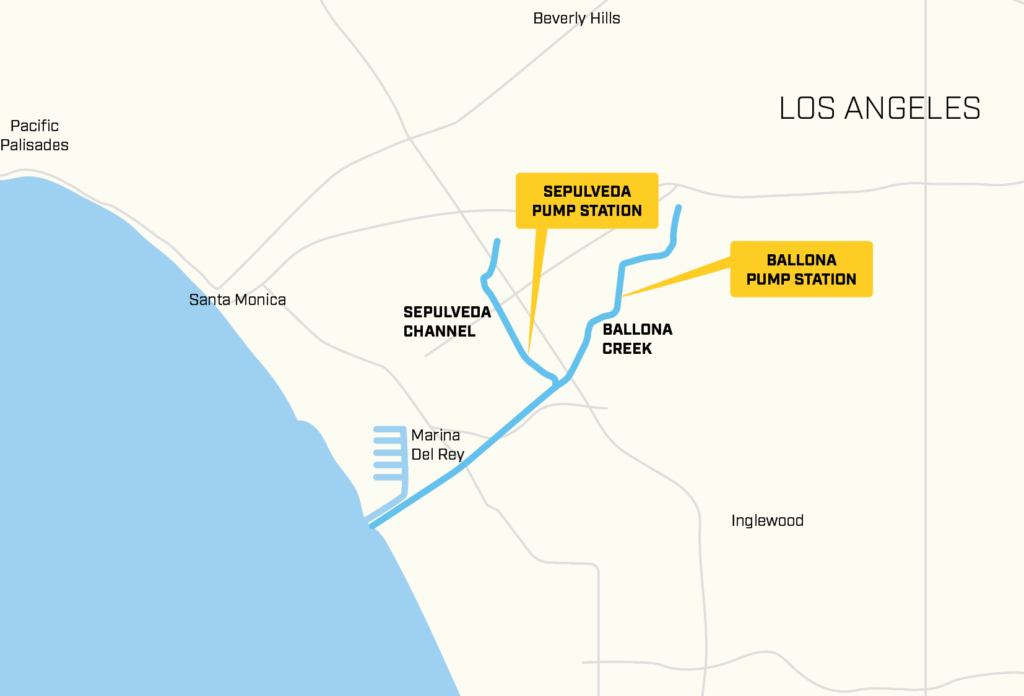 The Ballona Creek and Sepulveda Channel Low-Flow Treatment Facilities span two sites, seven miles apart in southwest Los Angeles. The Ballona Pump Station is near Ballona Creek, and the Sepulveda Pump Station is near the Sepulveda Channel. With the project being so close to the Southern California coast, the nearest beach is only a 15-minute drive from both sites. 